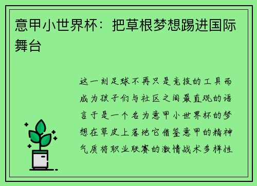 意甲小世界杯：把草根梦想踢进国际舞台