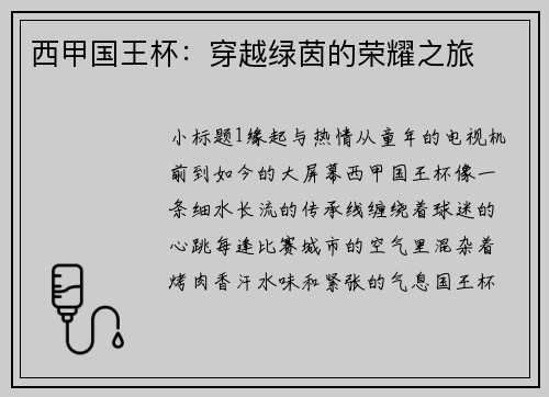 西甲国王杯：穿越绿茵的荣耀之旅