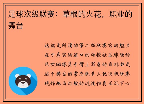 足球次级联赛:草根的火花,职业的舞台