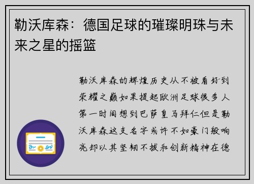 勒沃库森：德国足球的璀璨明珠与未来之星的摇篮