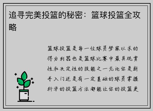追寻完美投篮的秘密：篮球投篮全攻略