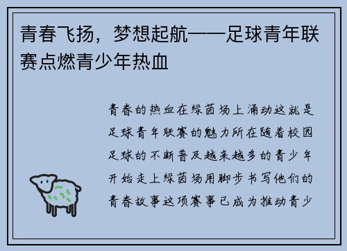 青春飞扬，梦想起航——足球青年联赛点燃青少年热血