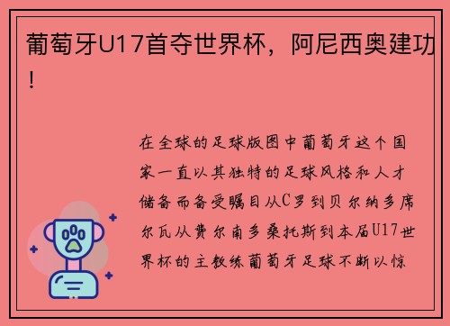 葡萄牙U17首夺世界杯，阿尼西奥建功！